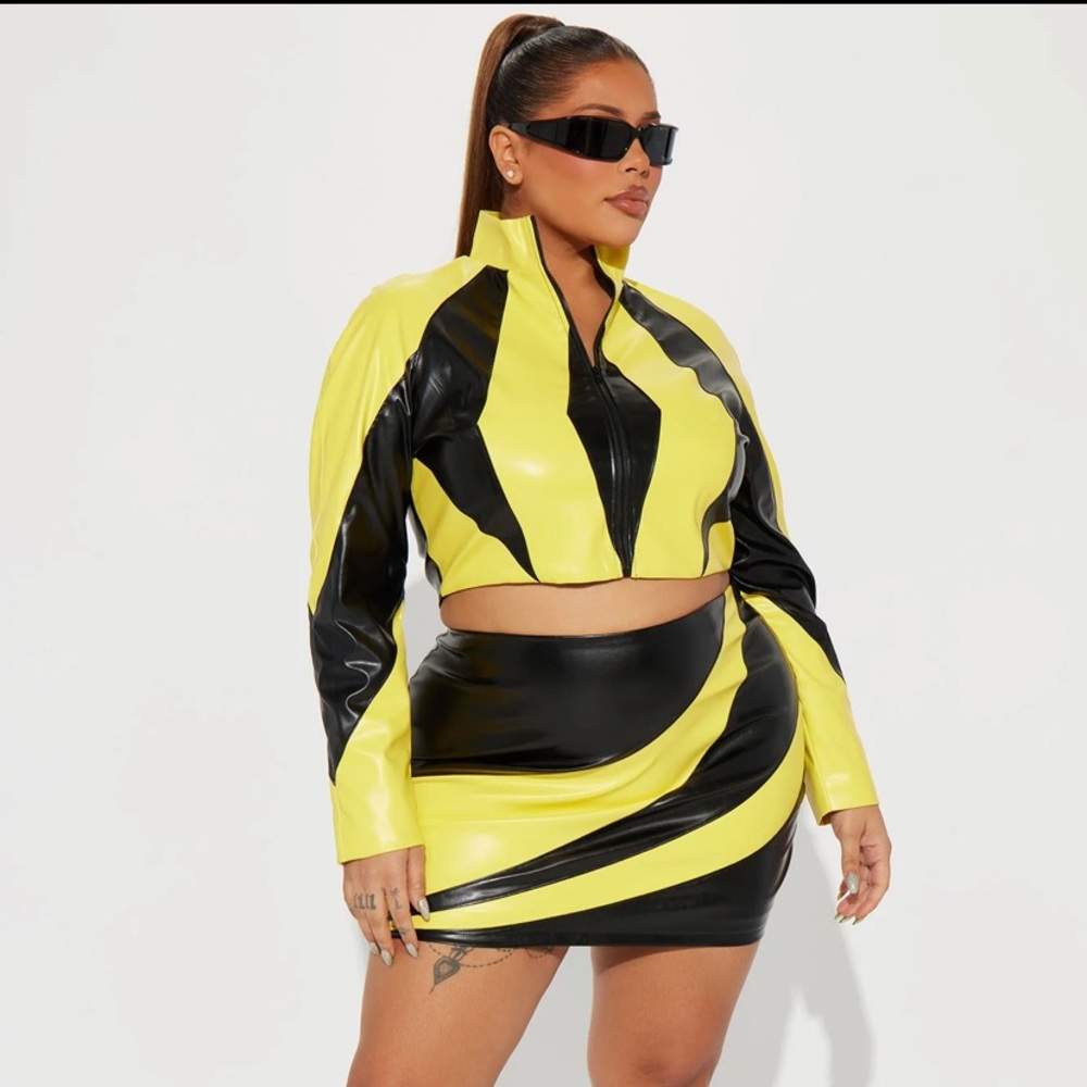 Black and Yellow Leather Skirt Set